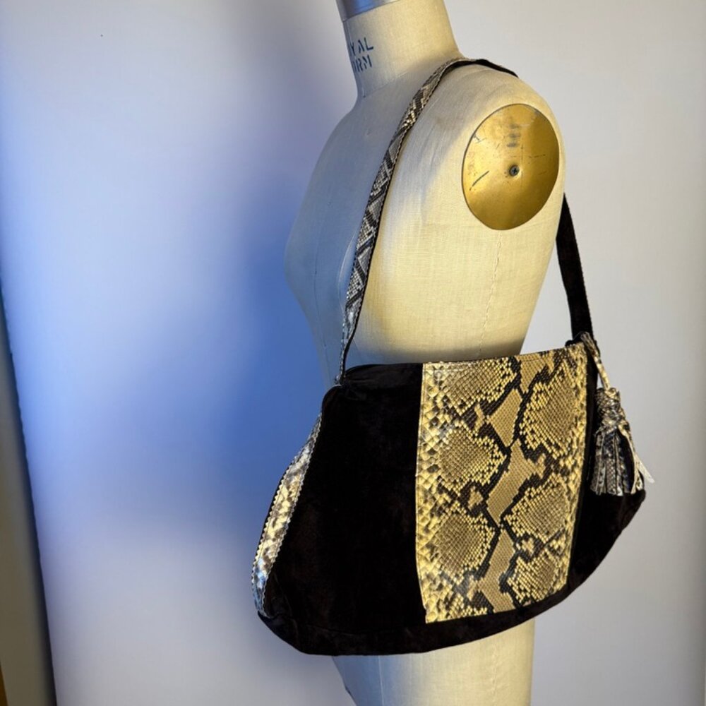 Vintage 70's Black Suede And Python East West Sho… - image 4